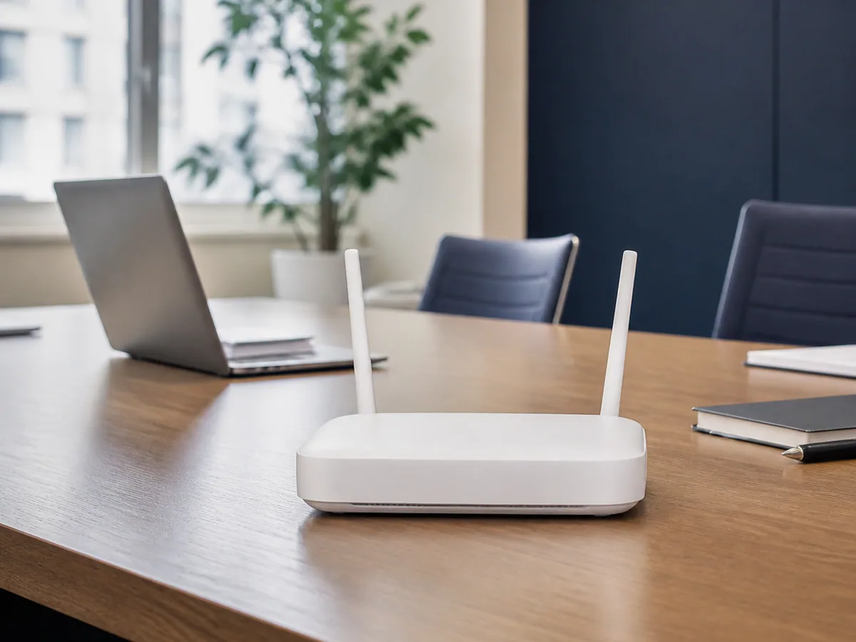 会議室のテーブルに置かれたWi-Fiルーター