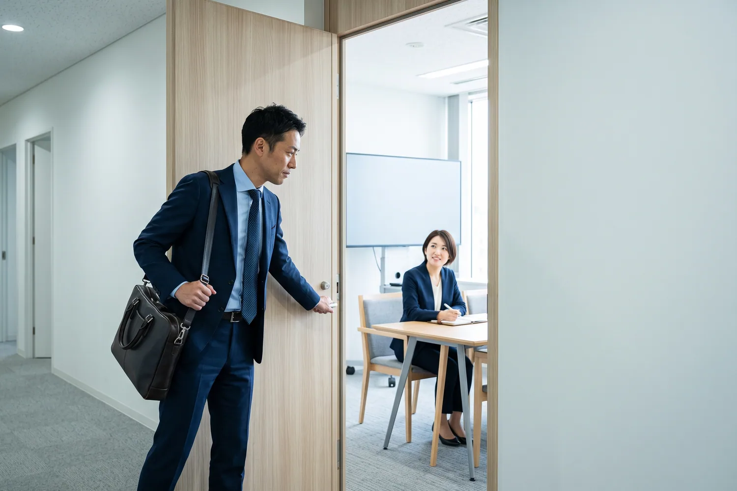 受付を通らずそのまま入室し、着席して打ち合わせを始めるビジネスパーソン